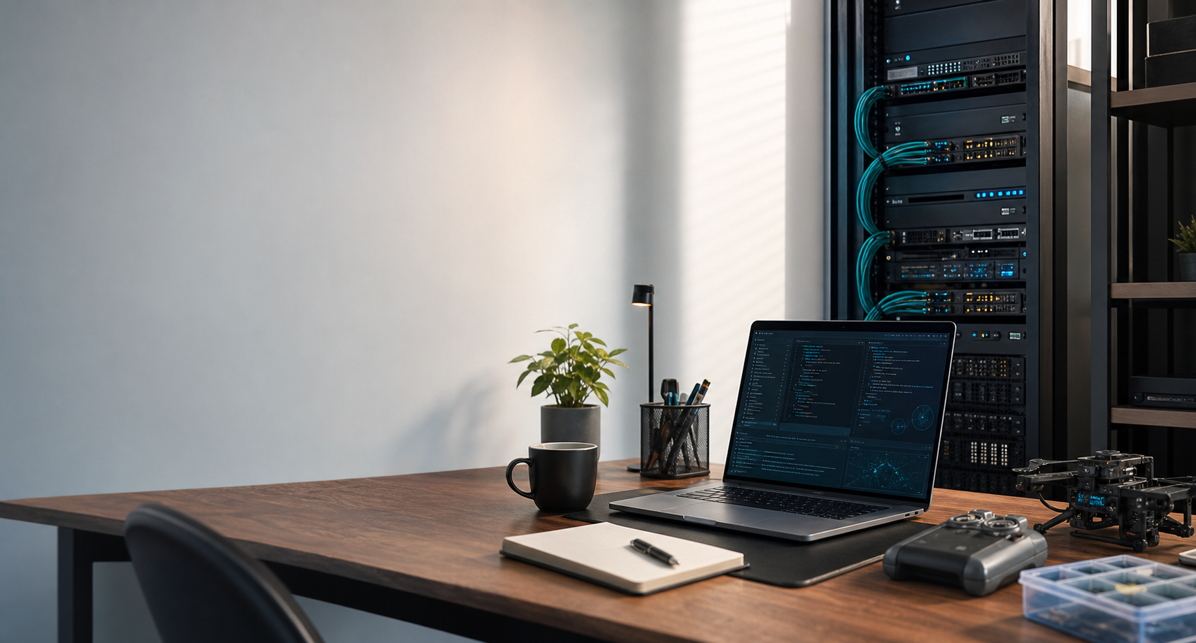 Technische werkplek met laptop, serverrack en apparatuur