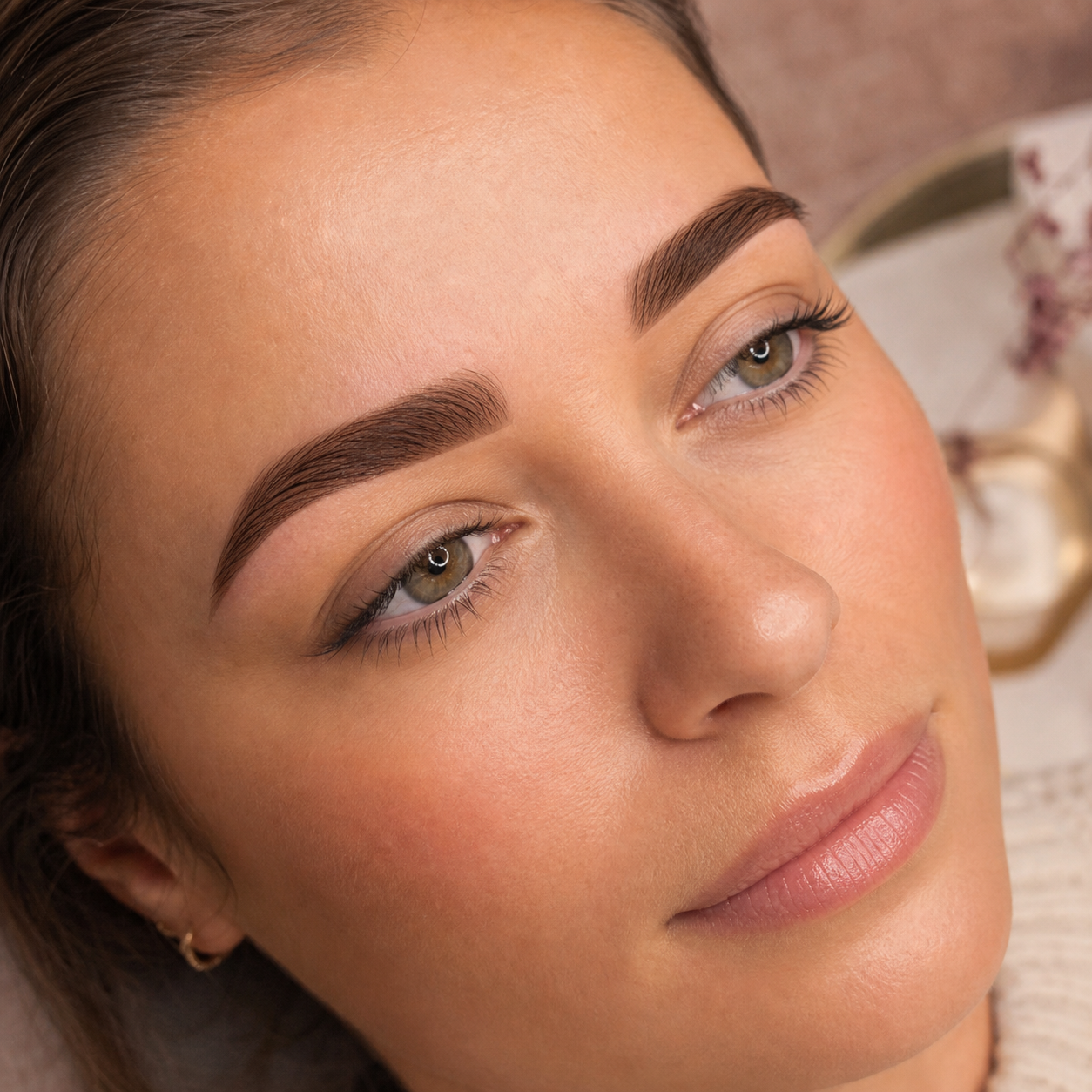 Close-up van warm getinte henna brows