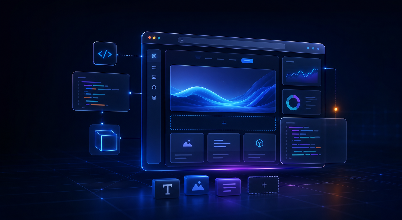 3D visual van een moderne website-builder met dashboardkaarten en codepanelen