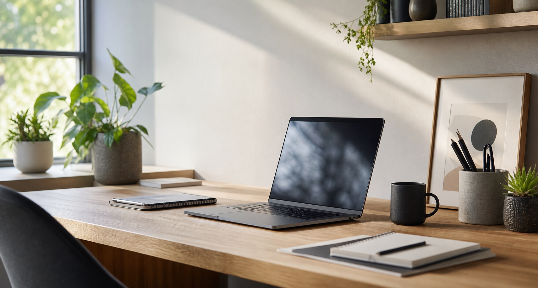 Rustige werkplek met laptop, planten en notitieboek