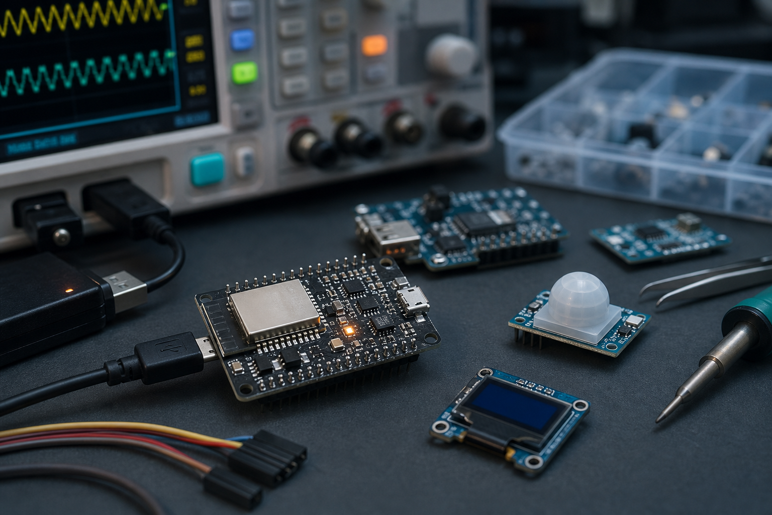 Elektronicawerkbank met microcontrollers, USB-kabels en sensoren